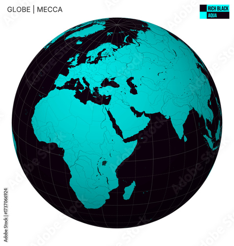 Vector Globe centered to Mecca. Rich Black Aqua palette. World map with meridians, parallels, countries, rivers and lakes. Appealing vector illustration.