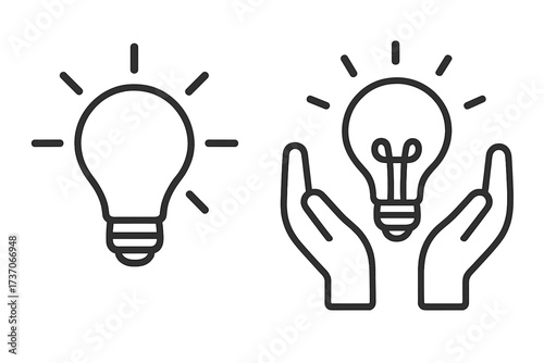 Light bulb in hand icon. Creative idea concept. Innovation, solution, and inspiration symbol. Nurturing, protecting and sharing knowledge. Business metaphor. Vector line art.