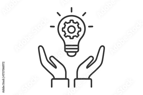Innovation and new idea concept. Hands holding a light bulb with a gear inside. Business solution, strategy, and development icon. Technology and engineering process symbol.