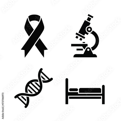 A collection of four black icons representing medical research and patient care, including a ribbon, microscope, DNA strand, and hospital bed.