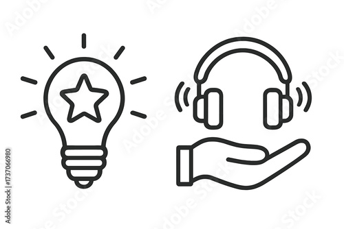 Creative idea and audio support linear icon set. Light bulb with star for innovation, genius. Hand holding headphones for podcast, music, call center, or audiobook service.