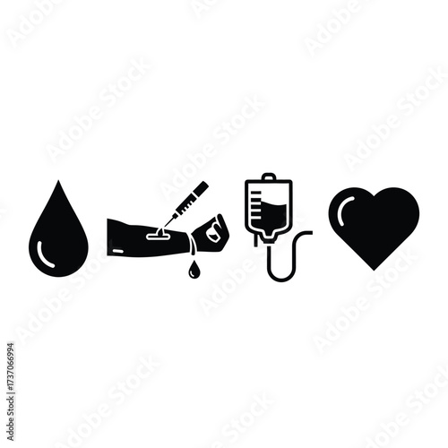 A set of black silhouette medical icons depicting a blood drop, an arm with a syringe, an IV bag, and a heart symbol.