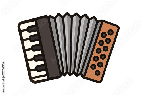 Accordion musical instrument vector illustration. Classic folk music icon. Squeeze box with keyboard and bellows for performance and concert. Isolated cartoon graphic design element.