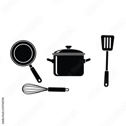 Black silhouette icons of various kitchen utensils including a frying pan, pot, whisk, and spatula on a white background.