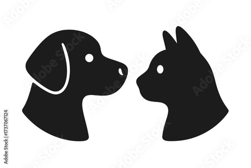 Pet icon vector logo with cat and dog profile silhouette. Animal care symbol for veterinary clinic or pet shop. Domestic animals friendship, health and love concept design.