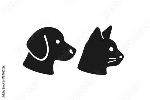Pet icon vector design of cat and dog profile heads. Domestic animal silhouette logo for veterinary clinic, pet shop or grooming. Simple black illustration of kitten and puppy.