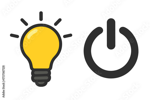 Light bulb and power button icon set. Metaphor for idea, innovation, creativity, energy, electricity. On and off symbol for technology, start, or a brilliant solution.
