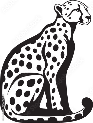 A black and white illustration of a cheetah with a white background.