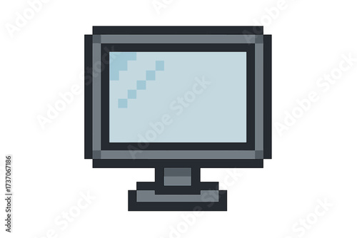 Pixel art computer monitor icon. Retro 8 bit gaming display screen. Old vintage PC hardware symbol for video game asset. Digital technology equipment vector illustration.