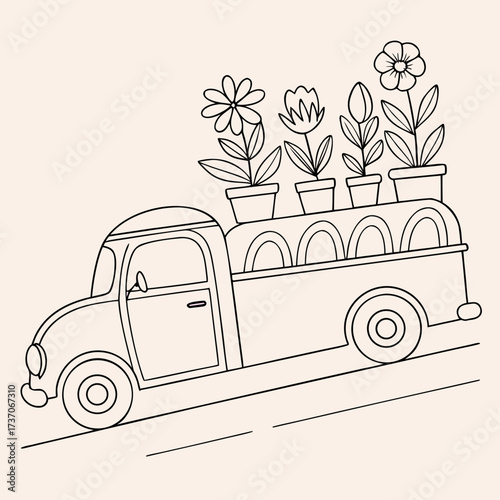 Vector art of truck carrying flowers on road
