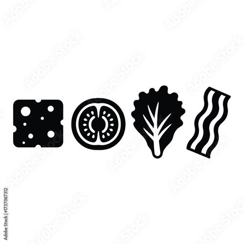 Four black silhouette icons of common food ingredients: cheese, tomato, lettuce, and bacon.