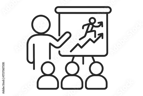 Career growth icon. Business presentation. Training, coaching, mentorship concept. Speaker at seminar with audience. Upward arrow graph. Man running to success. Goal achievement.