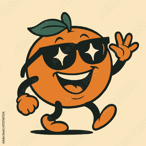A cool retro cartoon orange character with sunglasses walking, smiling, and waving happily on a cream background.