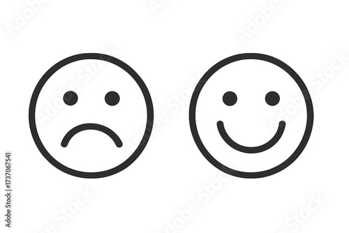 Happy sad face icon vector. Positive negative emotion feedback. Customer review satisfaction rating. Good bad choice symbol. Smile emoji set. Mood survey outline illustration.