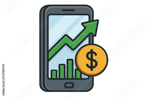 Mobile trading app for investment. Stock market growth chart. Financial profit concept with arrow up on phone. Business success symbol. Dollar money currency. Vector icon.