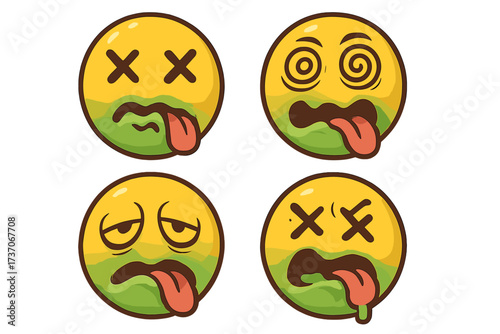 Vector set of sick emoji characters. Collection of nauseous, dizzy, dead, and ill emoticons. Concept for food poisoning, hangover, disgust, vertigo, regret, and bad feelings.