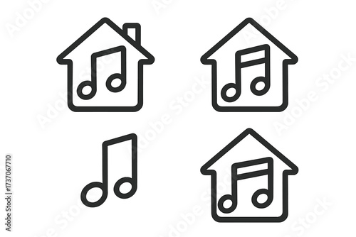 Music home icon set. House with musical note symbol. Linear pictogram collection for app or website. Home audio sound concept. Real estate logo. Vector illustration isolated.