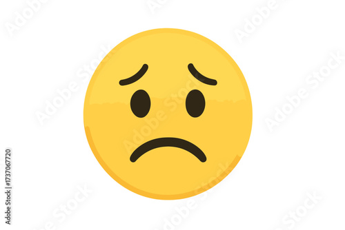 Sad face emoticon vector illustration. Unhappy emoji character. Concept of bad mood, negative emotion, disappointment, sadness. Isolated yellow smiley symbol for web design and apps.