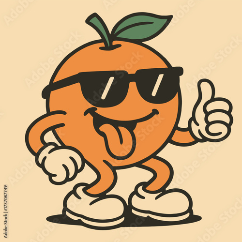 A retro cartoon mascot of a cool orange character wearing sunglasses, giving a thumbs up and sticking its tongue out.