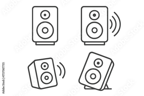 Music speaker icon set. Linear style vector illustration. Audio equipment symbol collection for sound, volume, and stereo system. Loudspeaker, woofer, and bass concept design.
