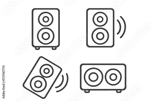 Music speaker icon set. Vector linear style illustration for audio, sound, and volume concepts. Minimalist outline design for stereo and loud music equipment graphics.
