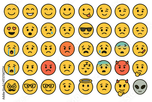 Set of 42 vector emoticons. Emoji icon design collection. Yellow cartoon smiley faces showing various emotions. Happy, sad, angry, love, crying, devil, angel, alien.
