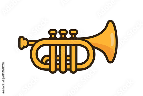 Golden trumpet vector illustration. Cartoon icon of a brass musical instrument. Symbol for a jazz band, classical music, orchestra, or military fanfare. Isolated shiny cornet.