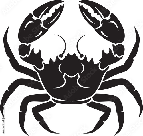A black and white illustration of a crab on a white background.
