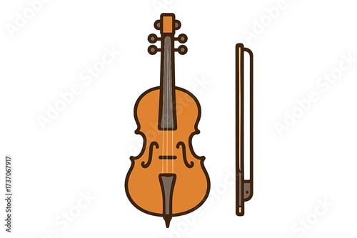 Violin with bow vector icon. Classical music string instrument symbol. Orchestra, symphony, concert graphic. Fiddle line art illustration. Simple minimalist musical element.