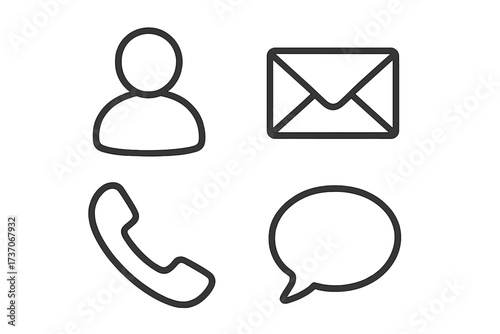 Contact us icon set. Linear communication symbols. Vector collection of person, email, phone, and speech bubble signs for web design. Customer service support interface.