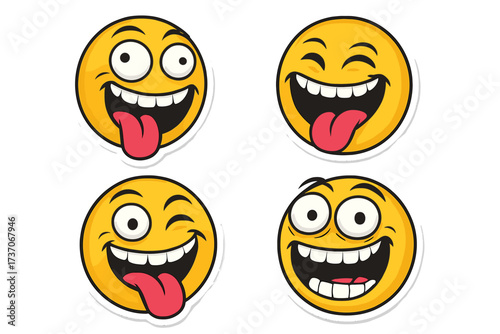 Crazy emoticon sticker set. Funny yellow faces with silly expressions. Goofy cartoon emoji pack for fun and joy. Zany, laughing, winking and mad character vector icons.