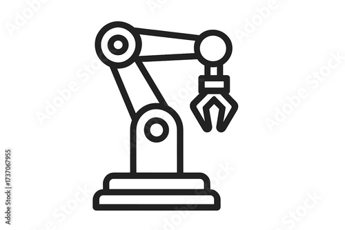 Robotic arm icon. Industrial manipulator for factory automation. Vector symbol of technology, manufacturing, and engineering. Production line machinery with mechanical gripper.