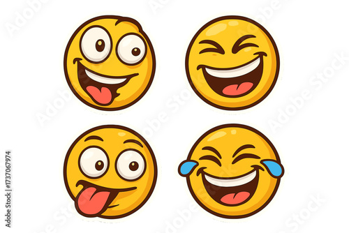 Vector set of crazy emoticon stickers. Funny, laughing, and silly emoji faces. Yellow cartoon character icons showing joy, humor, and hilarious expressions. Isolated collection.