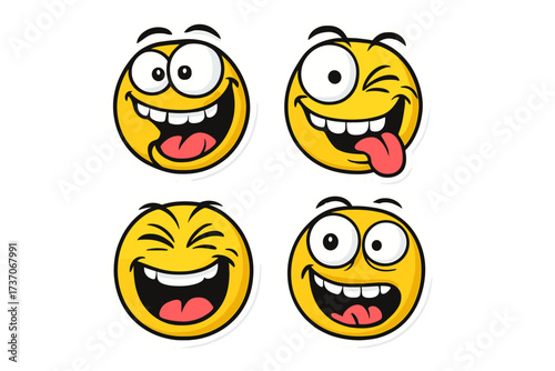 Set of crazy emoticon stickers. Funny cartoon faces with mad, laughing expressions. Happy and insane emoji collection for joyful communication. Vector illustration character pack.