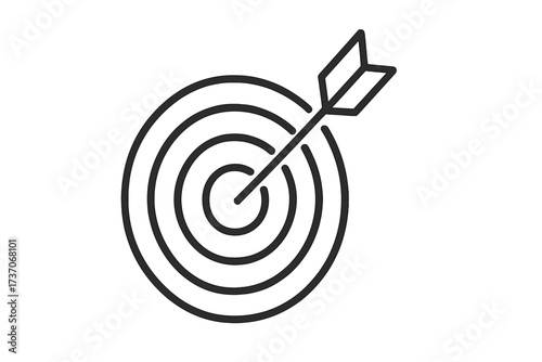 Target with arrow in the bullseye. Business goal, success, aim, solution, and achievement concept. Simple line vector icon for marketing strategy, focus and objective.