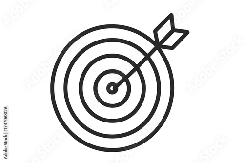 Target with arrow in the bullseye. Goal achievement, business success concept. Archery dartboard icon. Marketing strategy, focus, and objective metaphor. Vector line art.