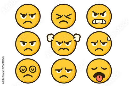 Angry emoji set vector collection. Bad mood, frustrated, and annoyed face icons. Mad, unhappy, and stressed emoticons. Negative emotion character illustrations and stickers.