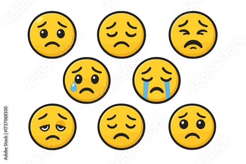 Big set of sad and unhappy emoji stickers. Crying, disappointed, and depressed face emoticons. Vector illustration of negative emotions, sorrow, grief, and bad mood characters.