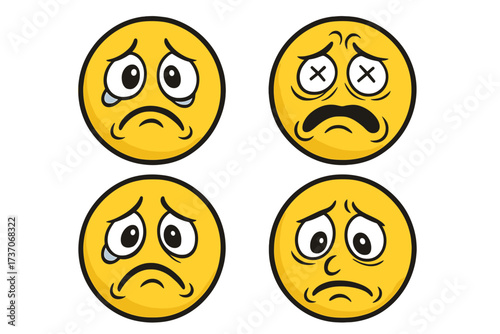 Set of sad, sick and dead emoticons. Vector emoji collection with crying, dizzy and unwell expressions. Unhappy cartoon smiley face character icons. Negative feelings concept.