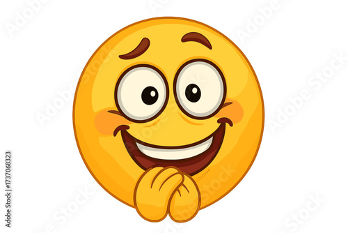 Excited shy emoticon with a crazy happy face. Vector emoji illustration of a cute blushing smiley character. Concept for feeling eager, anticipation, joy, and madly in love.
