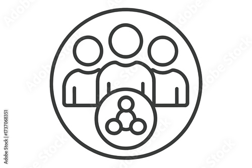 Teamwork icon with network symbol. Group of people sharing ideas. Collaboration and community concept. Business organization, social structure, or scientific research team logo.