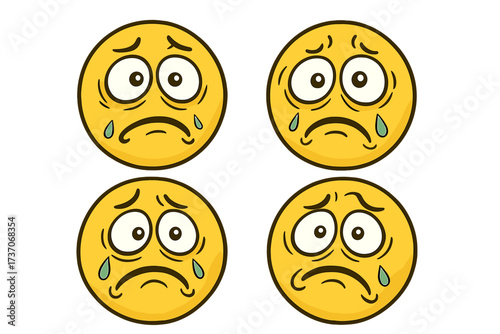 Set of sick crazy emoticons. Unwell, sad, crying emoji collection. Concept for mental health, depression, anxiety, burnout, stress. Unhappy face vector illustration pack.