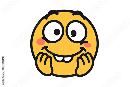 Shy excited emoticon vector illustration. Cute crazy emoji with blushing cheeks showing happiness and surprise. Yellow smiley face character for online chat communication.