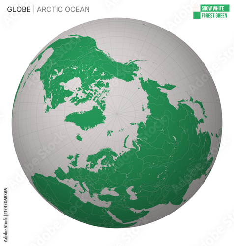 Vector Globe centered to Arctic Ocean. Snow White Forest Green palette. World map with meridians, parallels, countries, rivers and lakes. Authentic vector illustration.