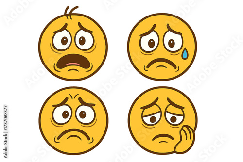 Sad emoticon set vector. Emoji character collection showing depression, anxiety, sickness, burnout. Mental health concept. Unhappy, tired, crazy and crying smiley face icons.