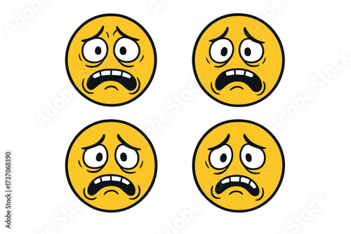 Set of sick and crazy emoticons. Vector emoji collection showing fear, anxiety, and panic. Stressed, worried, and shocked face expression. Mental health concept illustration.