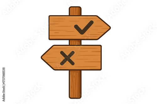 Wooden signpost with two directional arrows showing choice between correct and incorrect option, decision making, right and wrong, guidance concept, isolated vector illustration