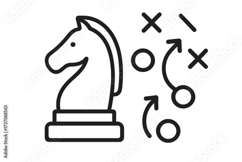 Chess knight with a game plan. Business strategy and tactics concept. Vector line icon for success, solution, and management. Strategic move and planning symbol illustration.