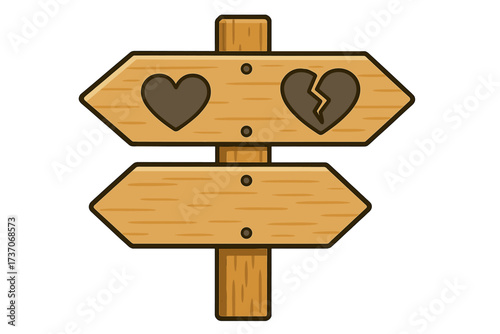 Wooden directional signpost with two arrows showing love and heartbreak symbols, choice concept, relationship decision, emotional path, isolated vector illustration