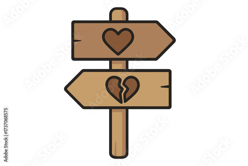 Wooden signpost with two directional arrows showing love and heartbreak symbols, choice between emotions, relationship decision concept, isolated vector illustration with transparent background